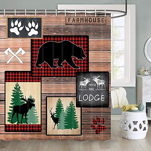 JAWO Bear Shower Curtain, Country Style Rustic Lodge Bear Moose Deer for Farmhouse Rustic Shower Curtain Sets, Fabric Moose Shower Curtain, Hooks Include, 70 in