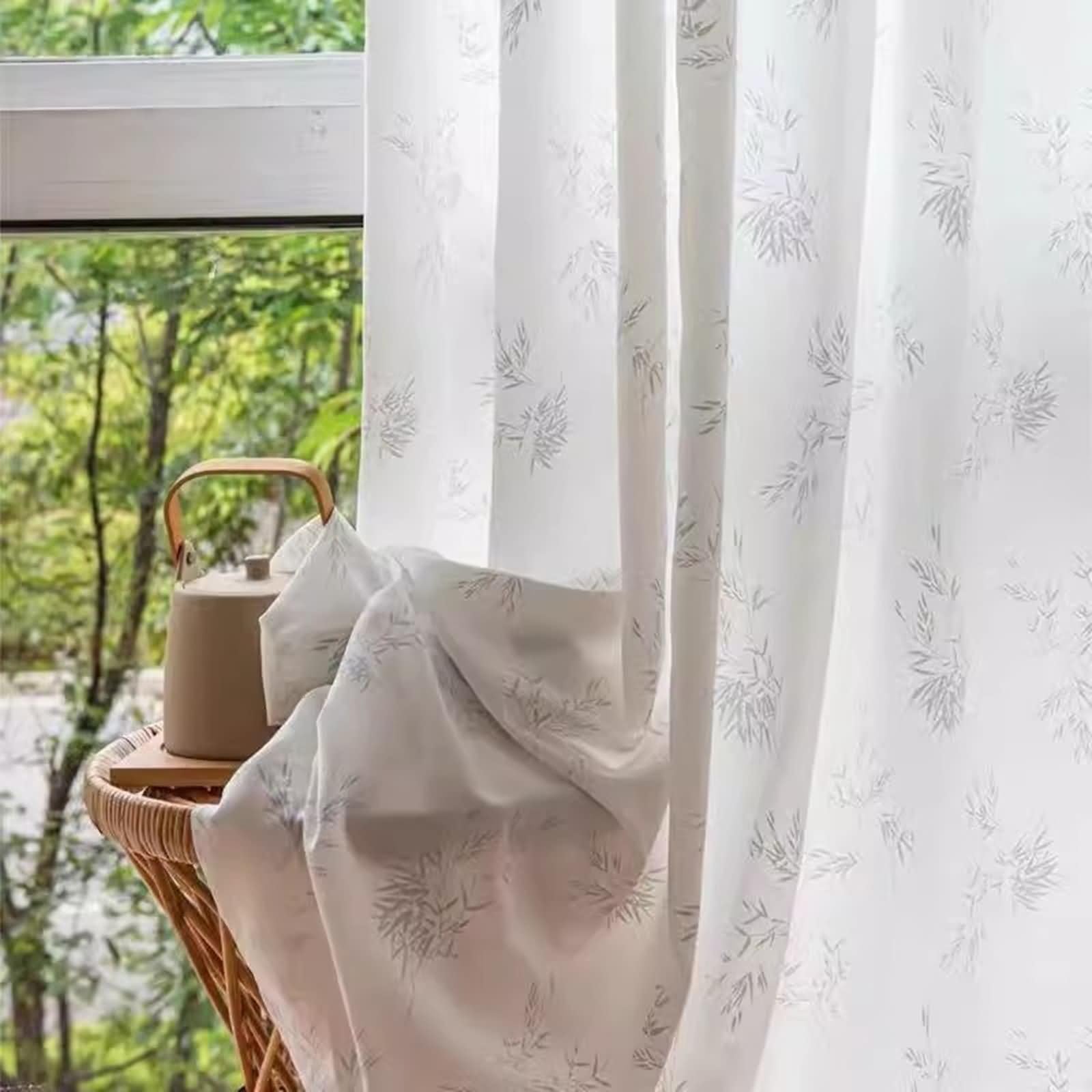 Rideau de Cuisine Blanc, Rideau Fenetre Motif de Feuilles Polyester Lot de 2 107W x 183L cm