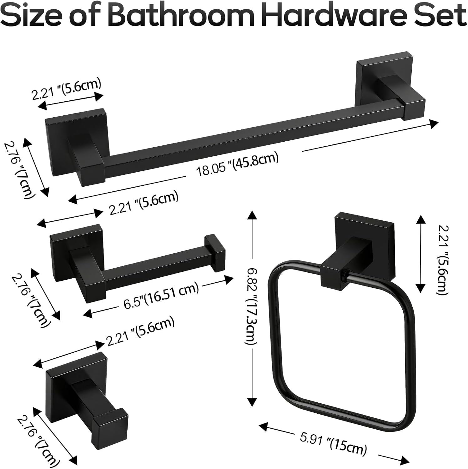 Matte Black Bathroom Hardware Accessories Set 4 Pieces, SUS304 Stainless Steel Bathroom Towel Rack Holder Set Wall Mounted-18 Inch Towel Bar, Toilet Paper Holder, Square Towel Ring, Towel Hook