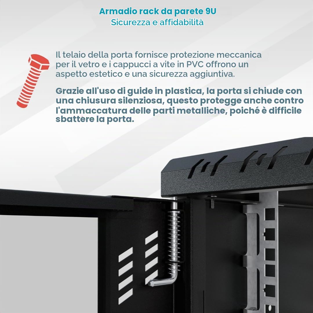 Armadio di Rete 19 Pollici - Armadio Rack 9U - Server Rack per Montaggio a Parete - Capacità di Carico 45 kg - Profondità 350 mm - Rack 19 Pollici - Nero