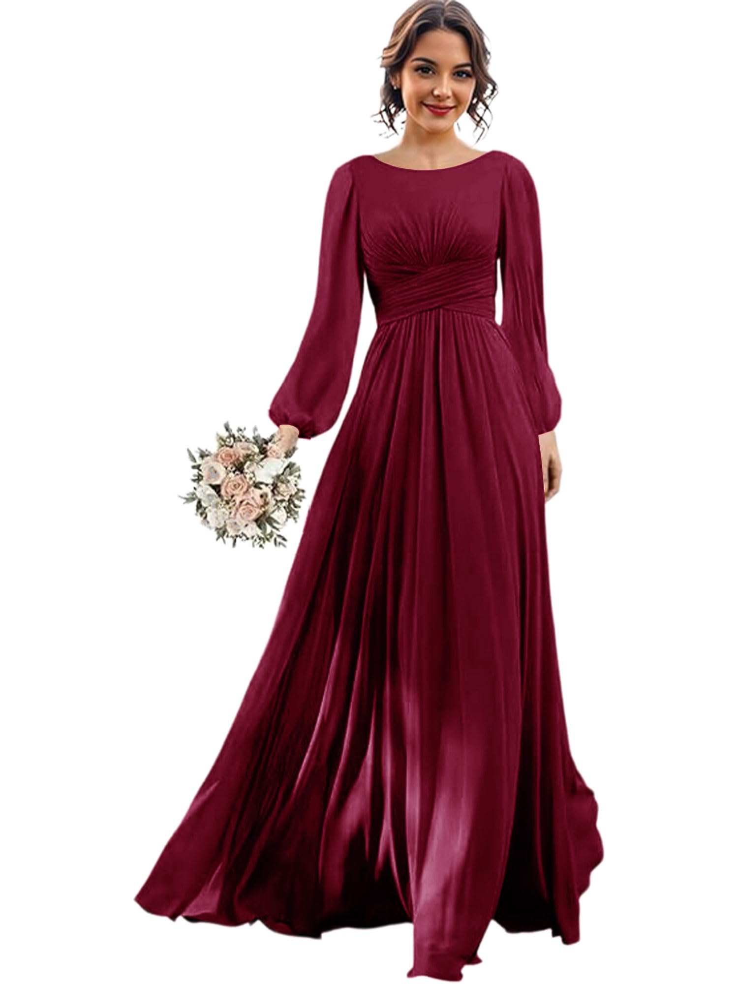AKLASU Long Sleeve Bridesmaid Dresses Chiffon Wedding Guest Dresses for Women Scoop Neck Ruched Slit Formal Dress with Pocket