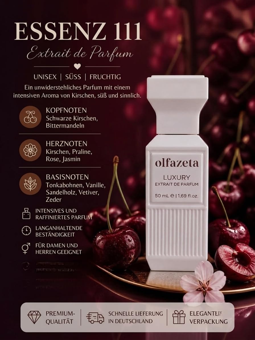 Chogan Olfazeta Nr. 111 Luxury Extrait de Parfum – Unisex für Damen & Herren – 50 ml – Langanhaltender Luxusduft mit intensiver Schwarzkirsche, Bittermandel & Tonkabohne – Edel & Süß