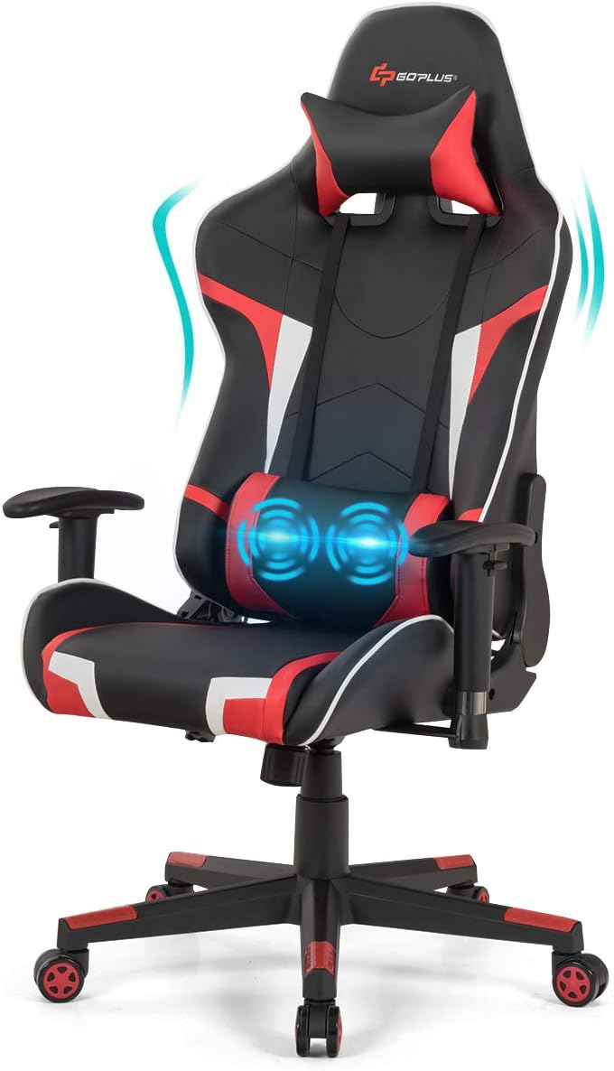 Gaming Chair - Office Chair Computer Gaming Racing Chair with Lumbar Massager Support - PU Leather Adjustable Arms Headrest High-Back Recliner Ergonomic Rolling Swivel Executive Chair, Red