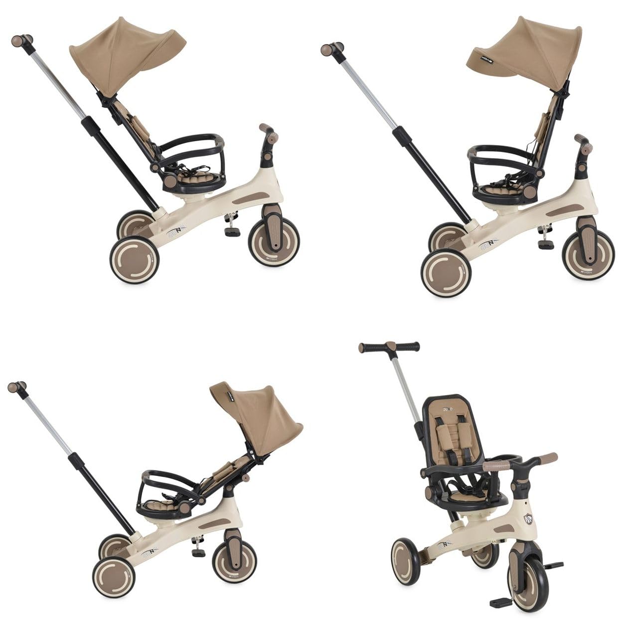 Dreirad, Tricycle Juno 4 in 1 Laufrad Schiebegriff Sitzdrehung Sonnendach beige