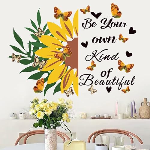 Miniatura 3 de Calcomanía de vinilo inspiradora para pared, diseño de girasol con texto en inglés Be Your Own Kind of Beautiful Quotes, calcomanía de pared de