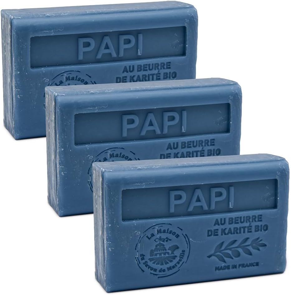 Savon De Marseille - French Soap Made with Organic Shea Butter - Grandfather's (Papi) Fragrance - Set of 3-125 Gram Bars