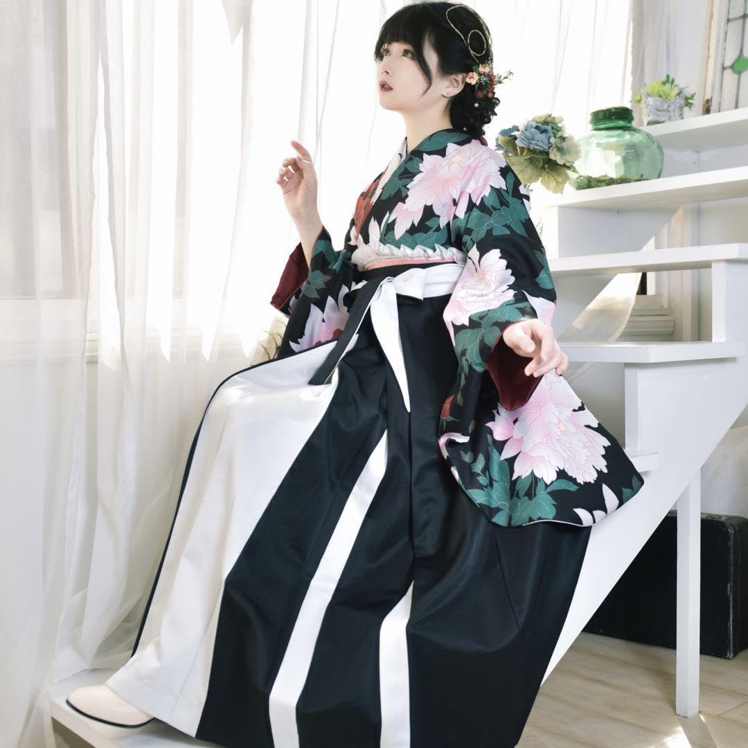 Amazon.co.jp: 卒業袴3点セット 二尺袖着物 バイカラー袴 フリル 袴 