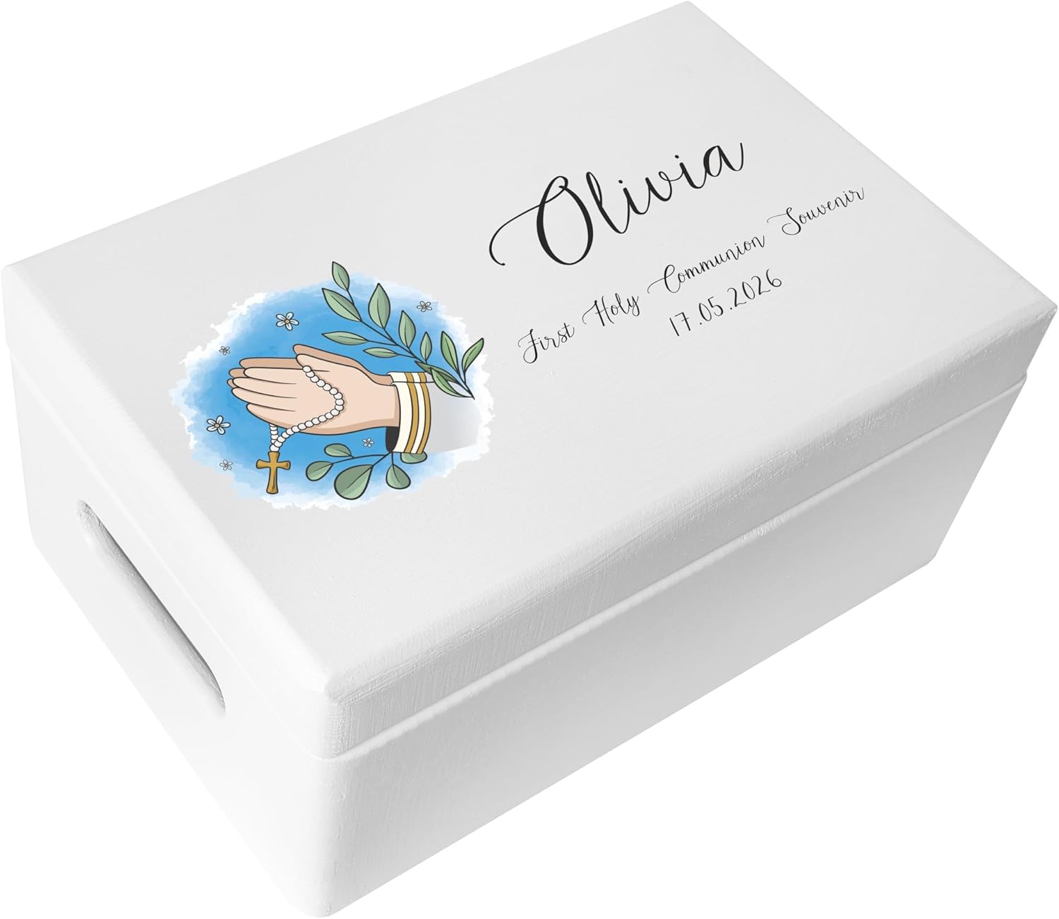 Personalized White Wooden Storage Box Communion Fish | 11.8x7.87x5.51in (+-0.5) | Minimalistic | Hinged Lid Handle Engraving | Unpainted Gift Box | UNSANDED Keepsake Souvenir Chest