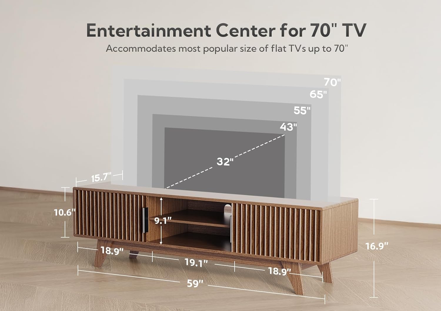 Claiks Mid-Century Modern TV Stand for 65 inch TV, Wood Fluted TV Stand with Storage and Adjustable Shelves, Low Profile TV Console for Living Room, Walnut