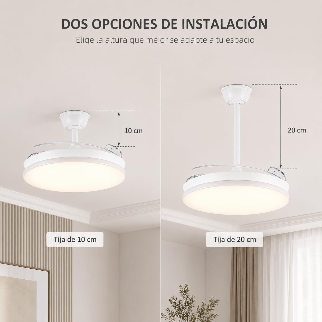 wonderlamp - Ventilador de Techo ultra silencioso, 7 velocidades, LED Verno Eco Blanco, Aspas Retráctiles, Motor DC, CCT Regulable 3000K-6000K, Mando, Función Noche, Verano Invierno, Ø106 cm