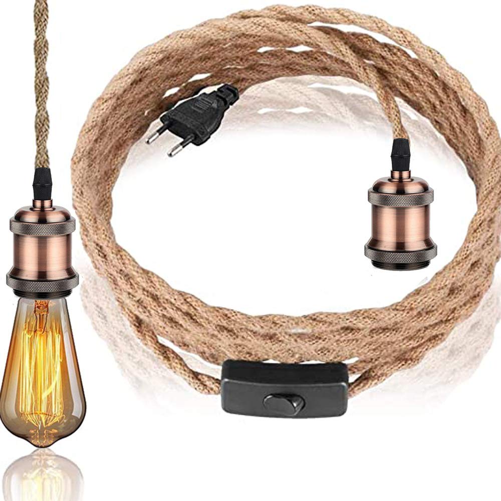 Vintage Hennep Touw Hanglamp Kit Met Schakelaar Plug Diy Enkele Kop Opknoping Licht Kabel Touw E27 Socket Textiel Koord Decor Verlichting Voor Slaapkamer Leven