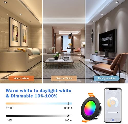 Miniatura 10 de inShareplus Iluminación empotrada inteligente de 2 pulgadas, paquete de 10 luces LED WiFi de 5 W 120 V, regulables RGBCW 2700-6500 K cambio de