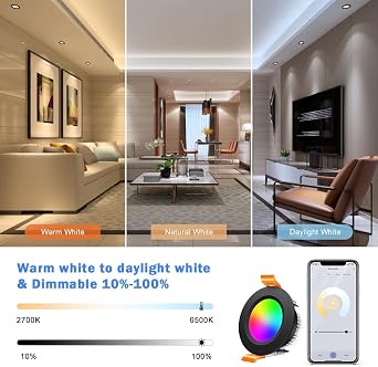 inShareplus 2 Inch Smart LED Recessed Lighting, 5W WiFi RGB Downlight, CCT 2700K-6500K Dimmable Color Changing Ceiling Light with LED Driver, Compatible with Alexa/Google Home, 120V, 10 Pack, Black
