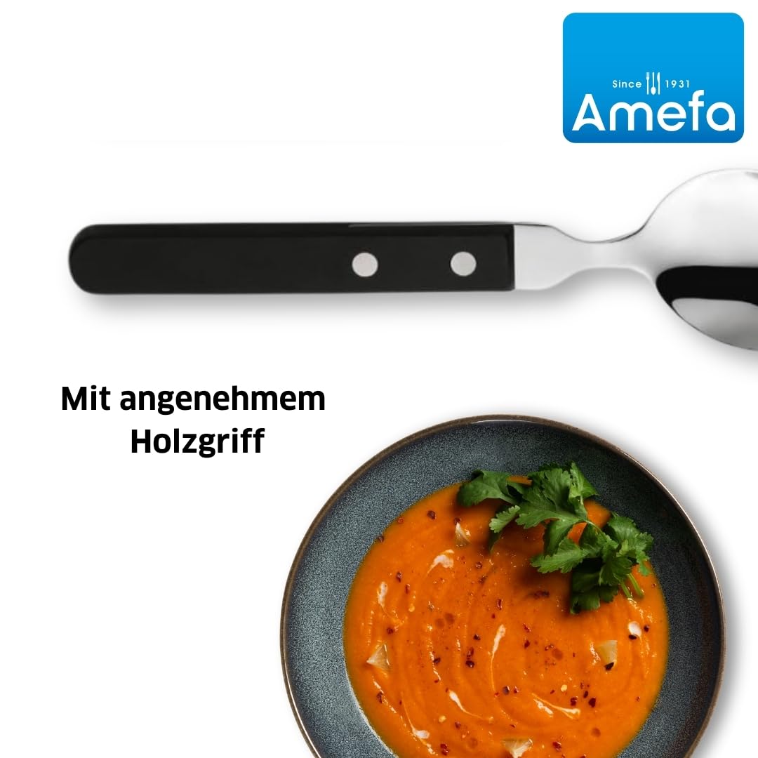 Amefa PIZZA 7000 - Set di cucchiai per pizza/bistecca per 6 persone, manico nero, in acciaio inox 18/0, lucidato e antiruggine, 2 manici rivettati in legno di Pakka, posate da bistecca, set di posate