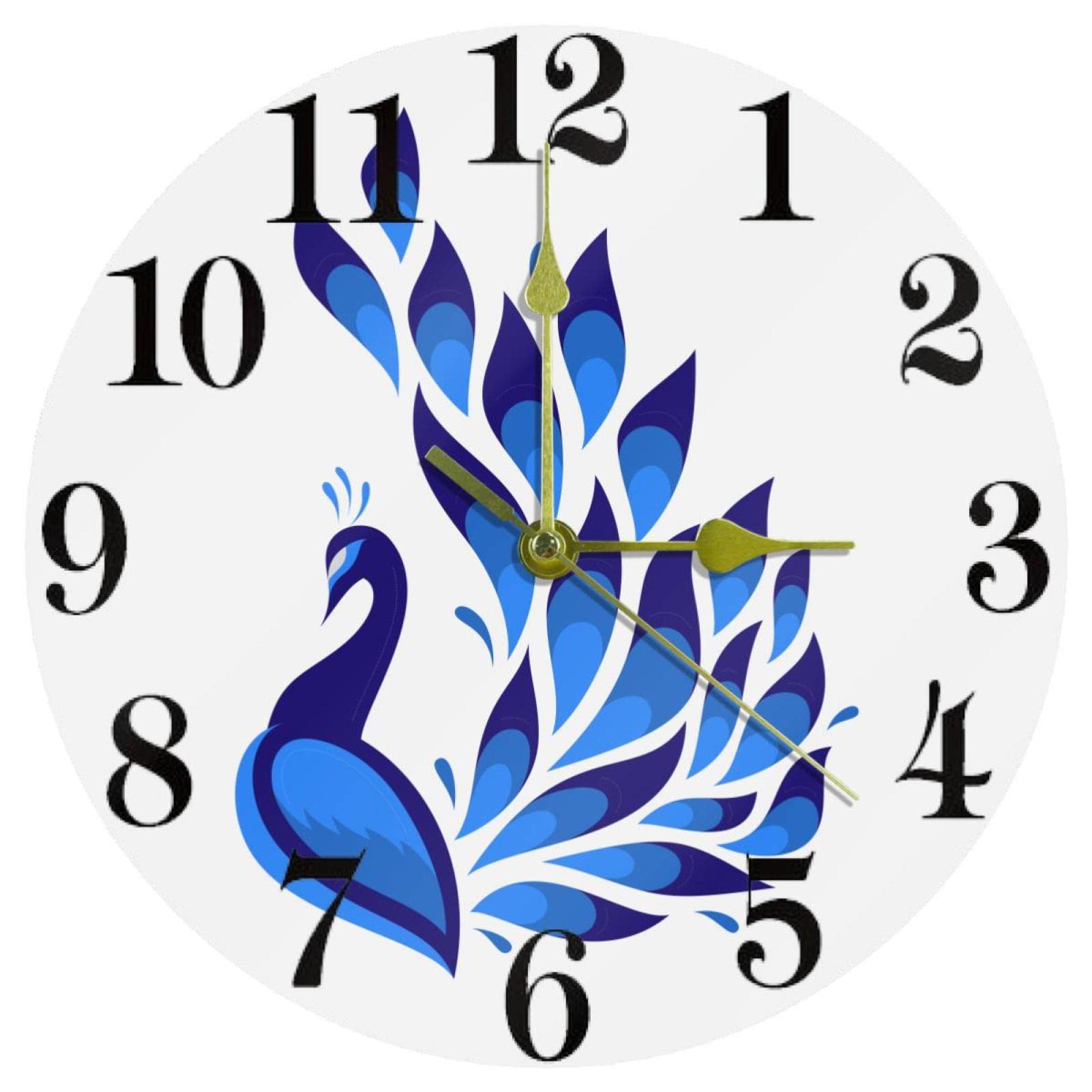 Horloge murale bleue paon ronde de 25,4 cm pour cuisine et bureau