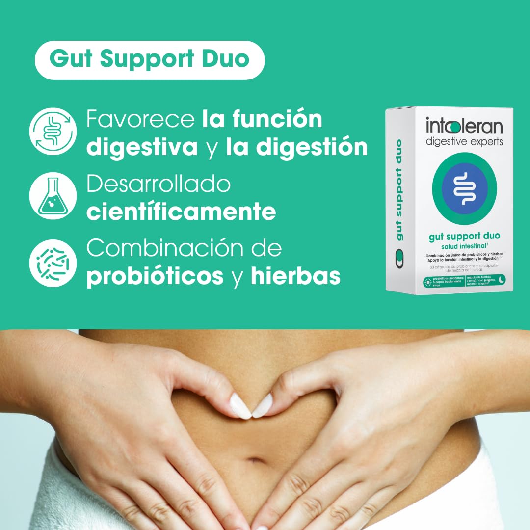 Intoleran Gut Support Duo - 30 cápsulas de probióticos y mezcla de hierbas | Probióticos - Mezcla de hierbas | Apoyo a la función intestinal y la digestión | 2 cápsulas al día | 5 cepas bacterianas