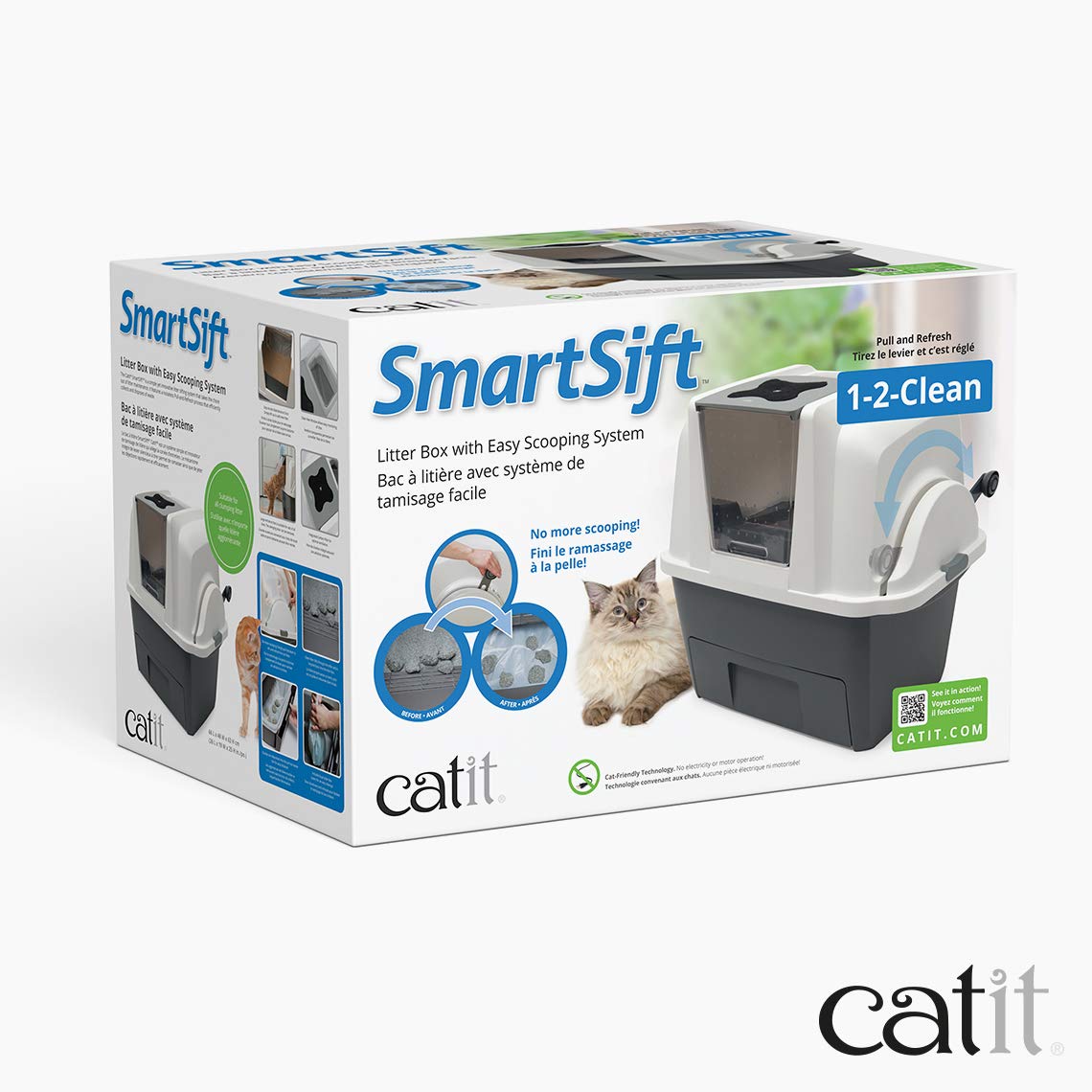 Catit SmartSift Katzentoilette mit Selbstreinigung, Katzenklo mit Deckel, Siebsystem & Aktivkohlefilter, geräuscharm, ohne Strom, für klumpende Katzenstreu, Weiß/Grau, 67 x 48 x 46 cm