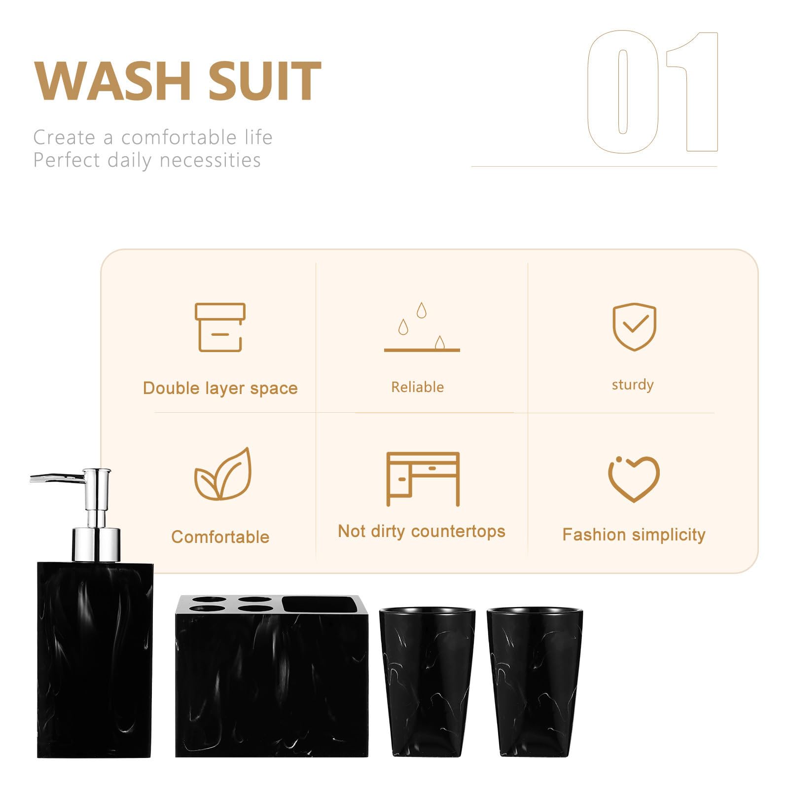 BESTOYARD Set de Accesorios de Baño en Resina Negra Estante para Cepillos de Dientes y Jabonera, Diseño Jaspeado Cómodo para Mantener el Baño Organizado