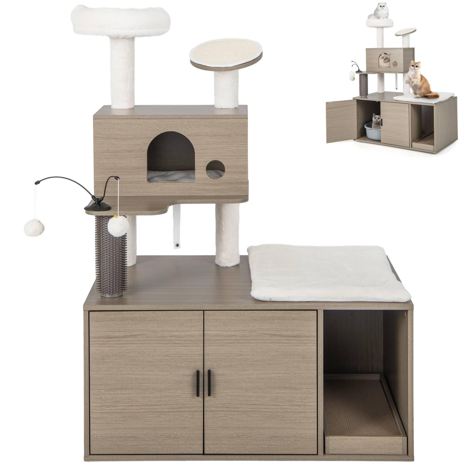Maxmass Cat Tree, Wooden Kitten Tower with Litter Box Enclosure, Condo, Perch, Scratching Board, Platform & Dangling Balls, Kitty Scratching Post for Climbing Playing Sleeping (1 Condos, 95x55x132cm)