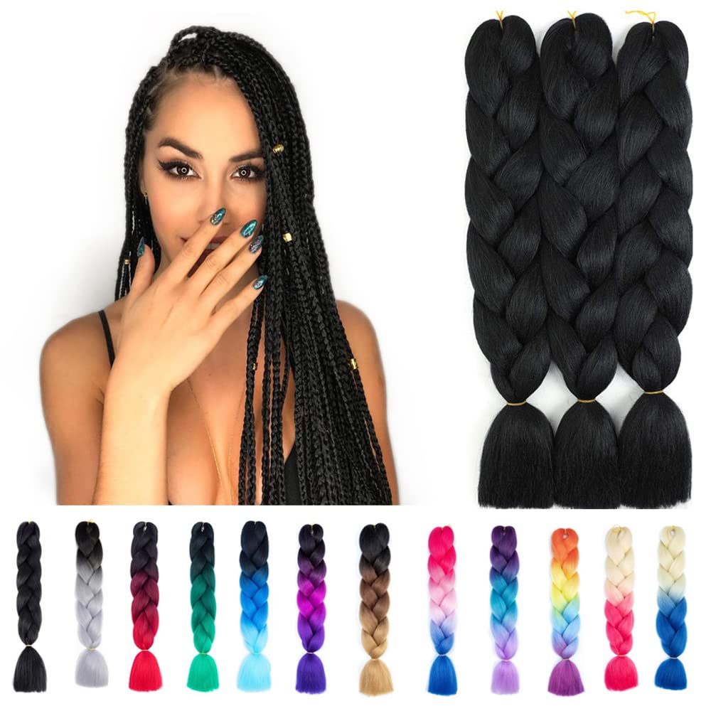 OTO BELLA3 Packs Ombre Jumbo Braiding Hair Extensions 24 Inch High Temperature Synthetic Fiber Hair Extensions for Box Braids Braiding Hair(Black)