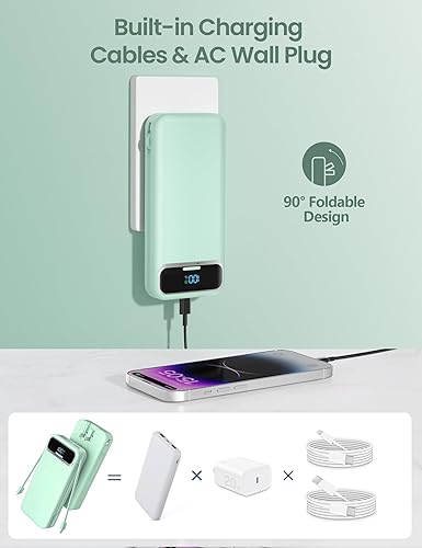 Miniatura 4 de Cargador portátil ligero de 12000 mAh con cables integrados y enchufe de pared de CA, batería de carga rápida PD20W USB-C, pantalla LED, cargador