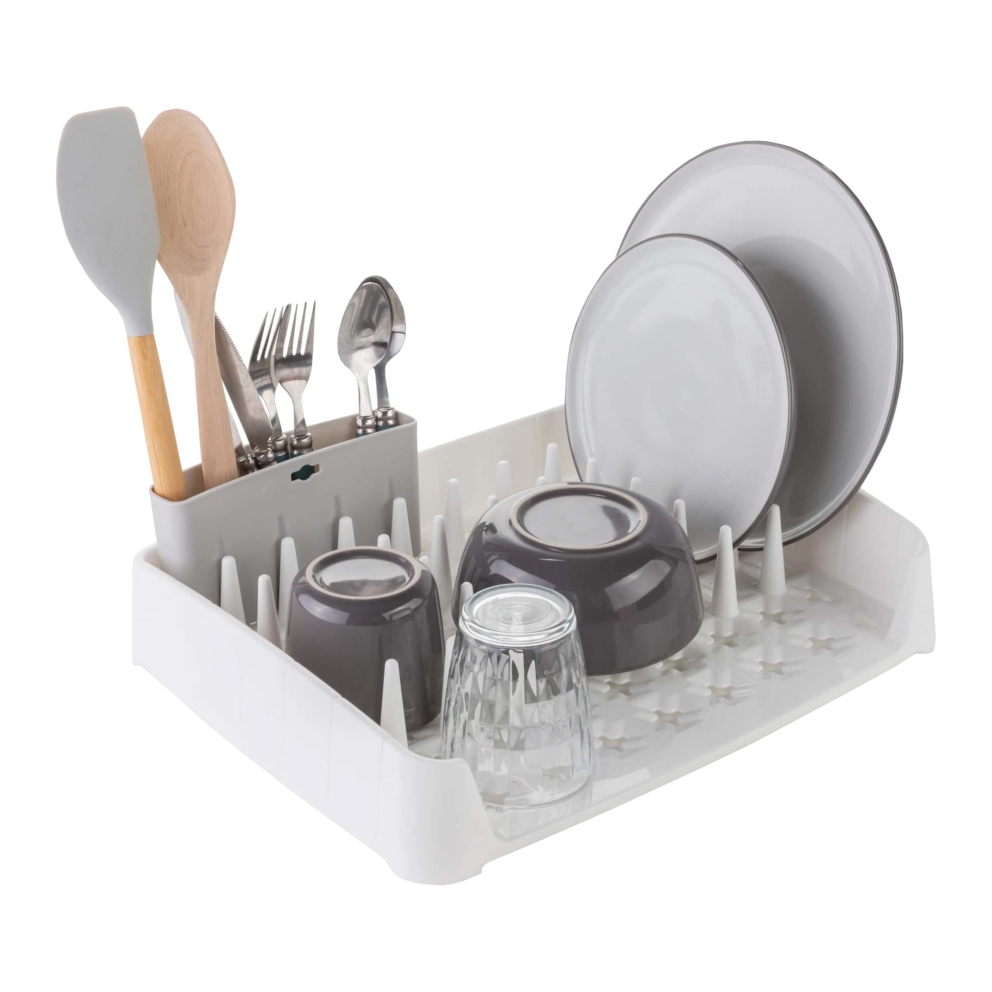 Minky Dish Rack With Caddy, Easy Clean, Multi Position Utensil Caddy, White & Grey