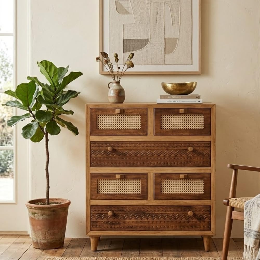 Mango Wood Luffy Chest of Drawers for Storage | 6 Drawer Wooden Dresser with Natural Cane Panels | Solid Mango Wood Storage Cabinet for Bedroom, Living Room & Hallway | Light Brown & Tubaq-image-14