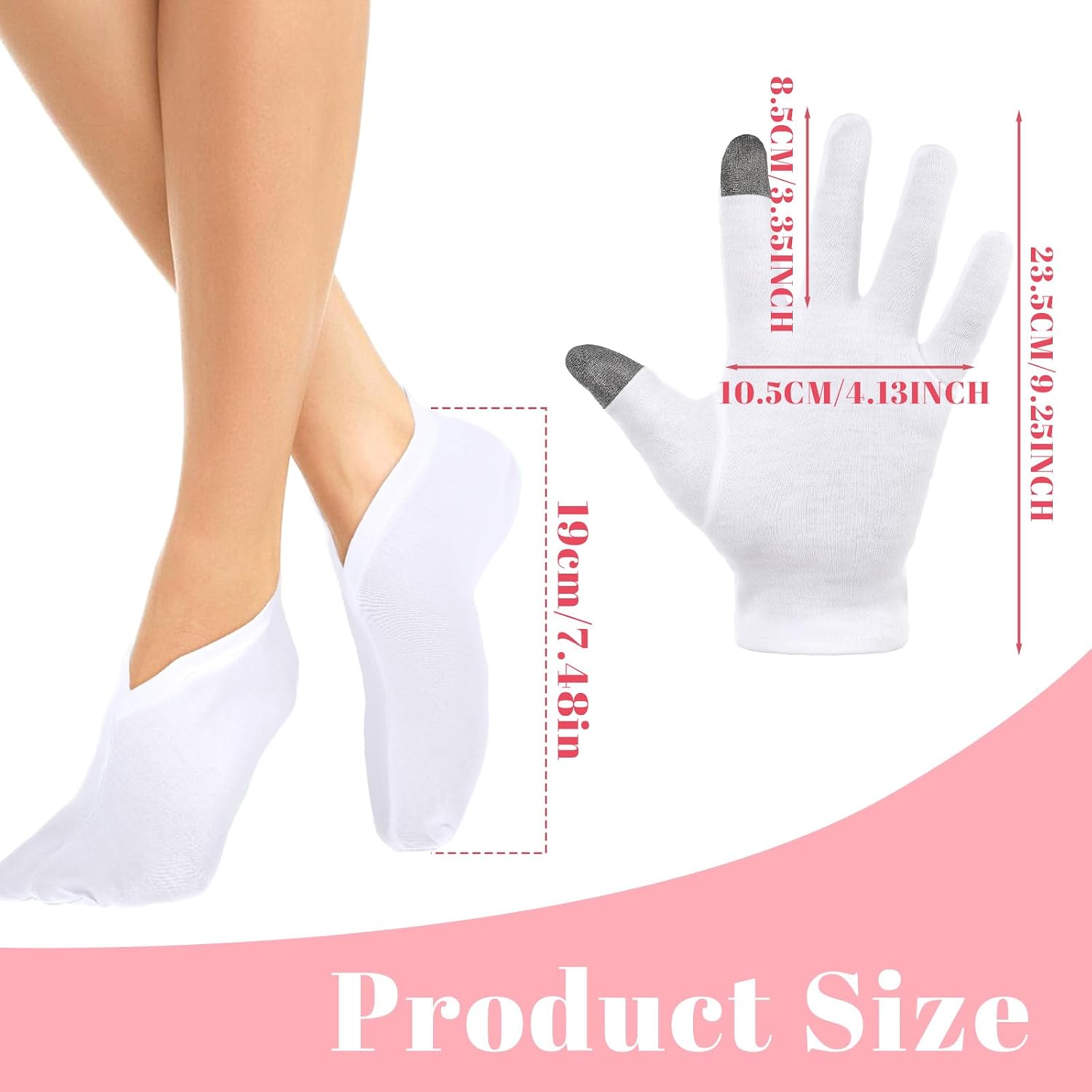 4 Pairs White Cotton Moisturizing Socks Gloves Overnight for Dry Feet Hands, Cotton Moisture Lotion Sleeping Overnight Socks Gloves for Women Girls Dry Feet Hands Healing Repairing Softening