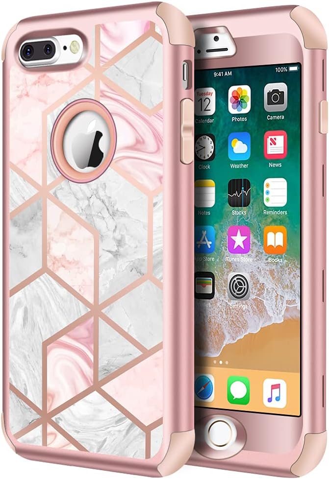 Hython Designed for iPhone 8 Plus, iPhone 7 Plus Case, Heavy Duty Defender Protective Bling Glitter Sparkle Hard Shell Hybrid Shockproof Rubber Bumper Cover for 7 Plus and 8 Plus, Marble