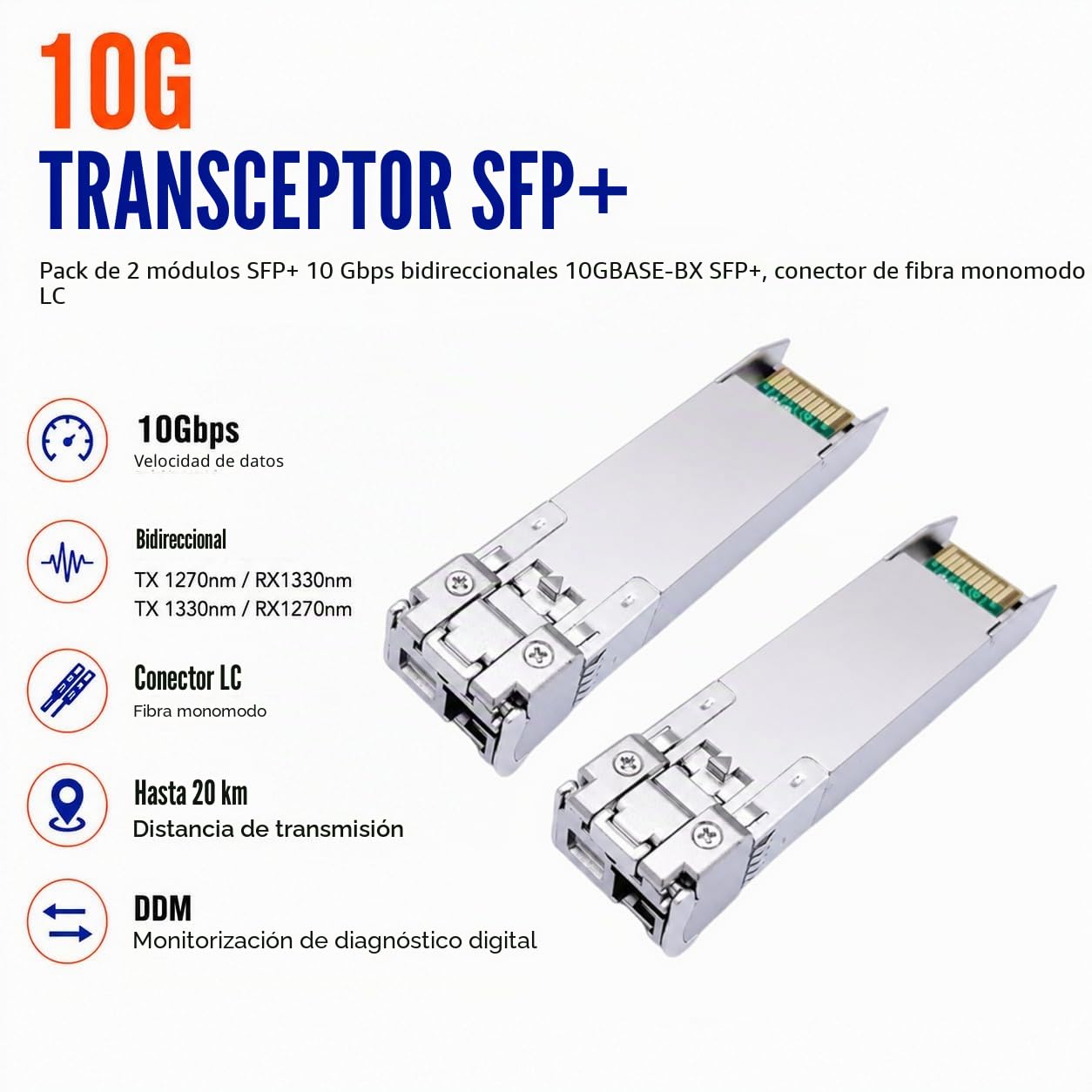 Elfcam® - 2 Piezas 10G SFP+ Bidi Modulo, Conector Fibra Optica LC/UPC Monomodo Simplex, TX1270nm / RX1330nm y TX1330nm / RX1270nm, DDM 20KM