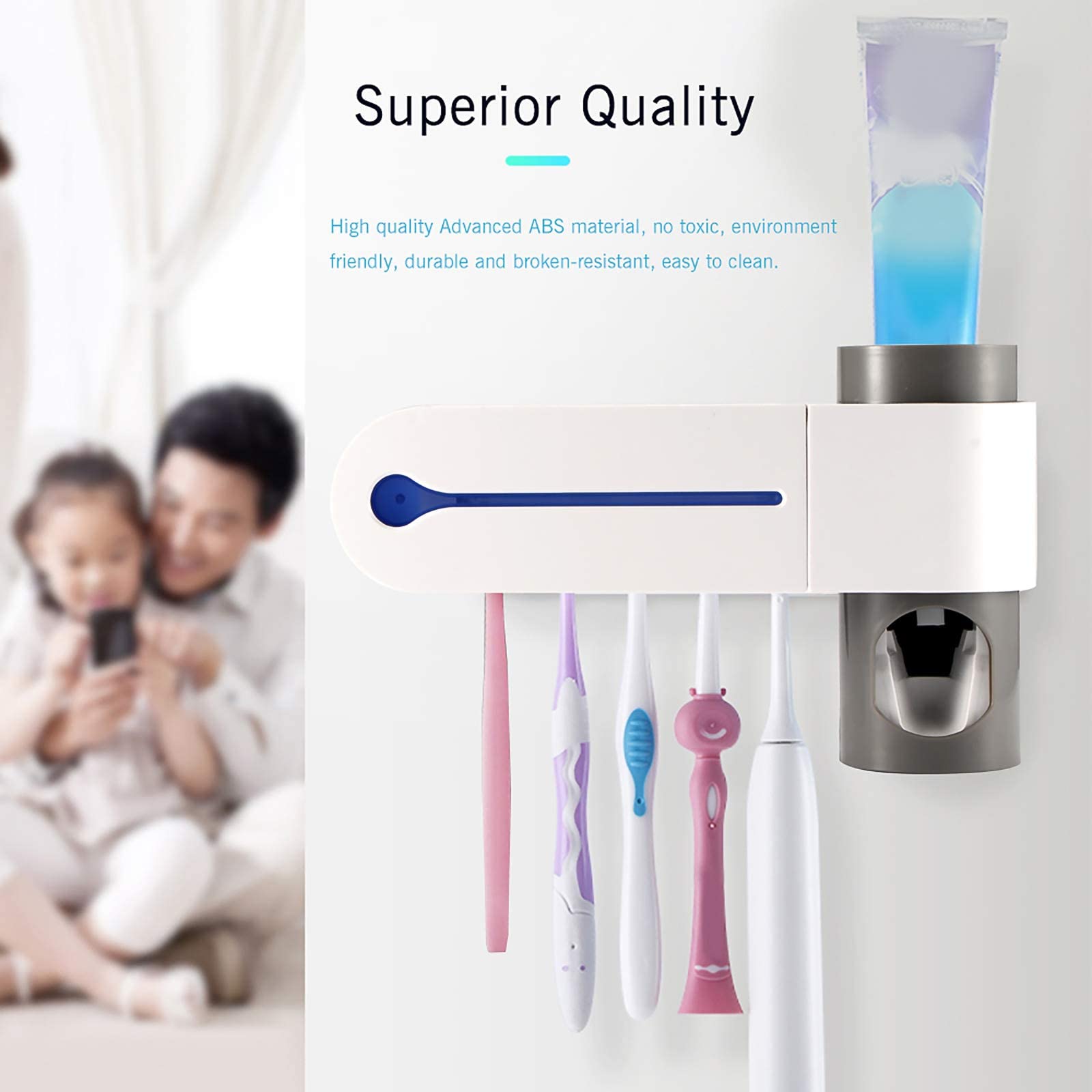 OurLeeme Soporte para cepillos de Dientes, esterilización con Cepillo de Dientes UV Soporte de Secado Dispensador automático de Pasta de Dientes Alimentación USB para 5 cepillos de Dientes