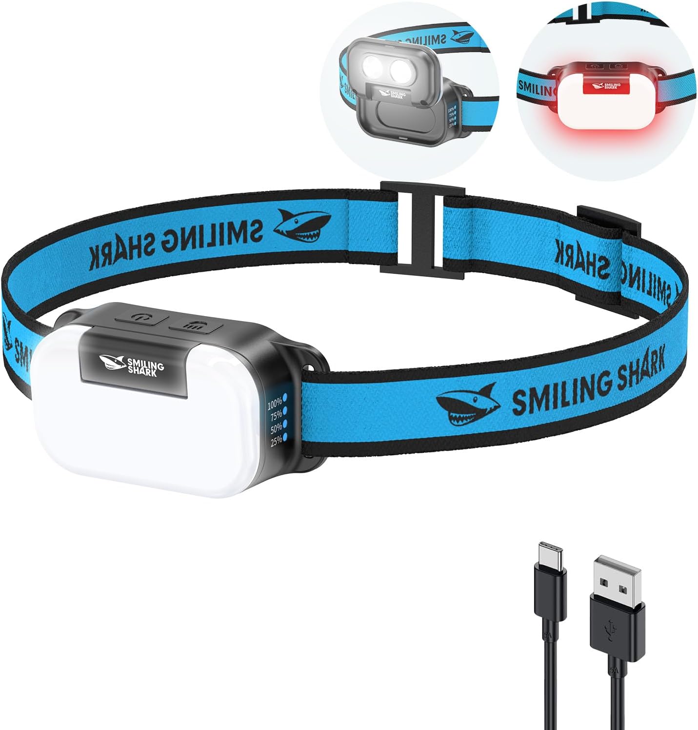 Torcia Frontale Ricaricabile Smiling Shark - 6 LED, Impermeabile, Per Campeggio E Outdoor - Foto 4