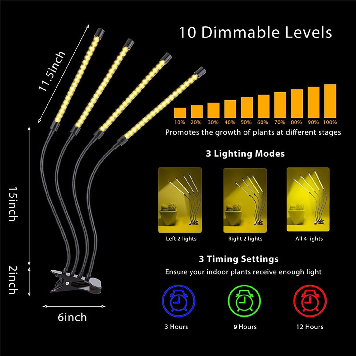 Luces LED de crecimiento, 4 cabezales de espectro completo con abrazadera para plantas de interior y inicio de semillas, 10 niveles regulables, encendido automático, tiempo 3, 9 y 12 horas