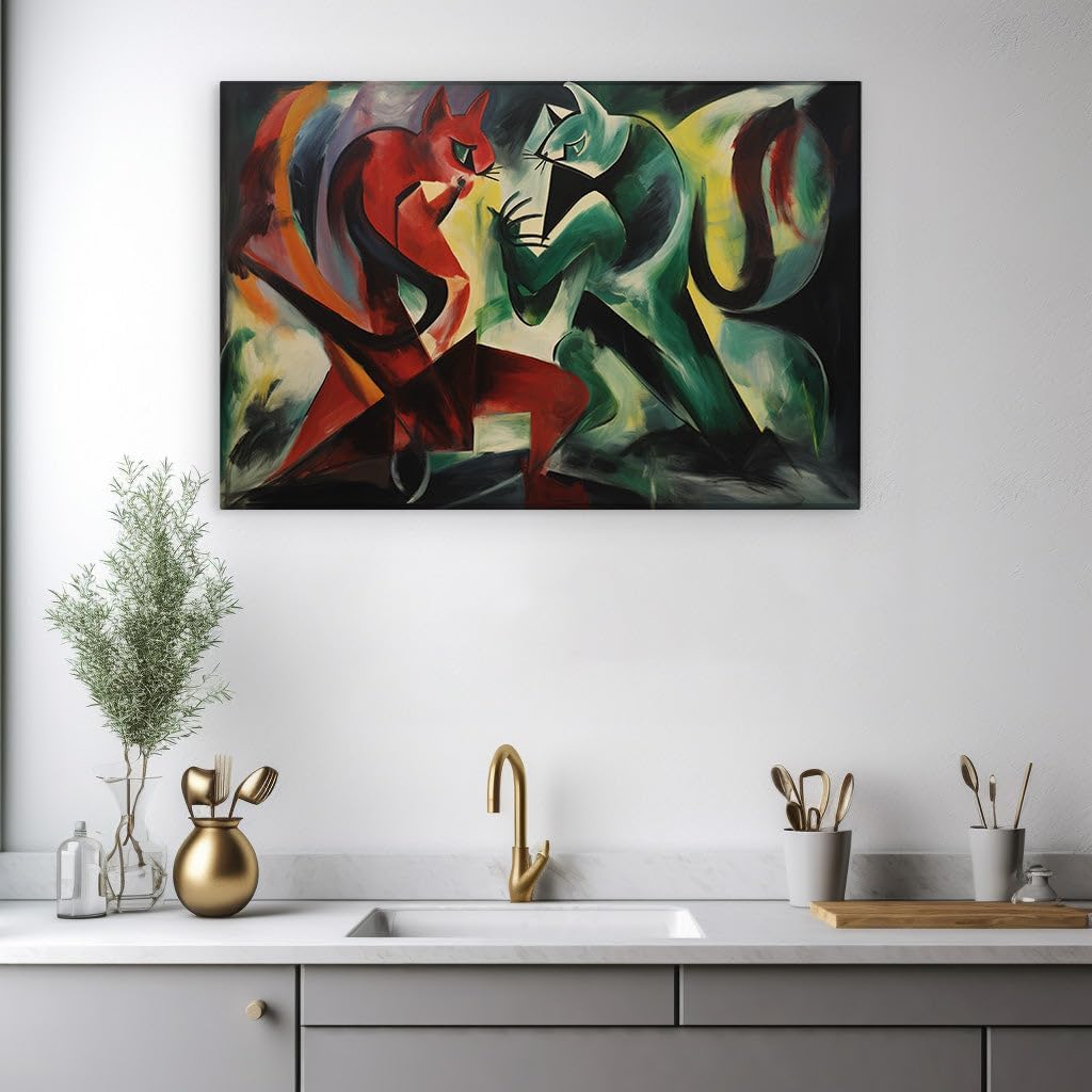 Canvas for Living Room. Dynamic Feline Contrasts A Vivid Dance of Colors in Franz Marc's 1913 Masterpiece The Cats, 27 x 18 inch Canvas Wall Art - Kids Fantasy and Magic - Nature Home Decor