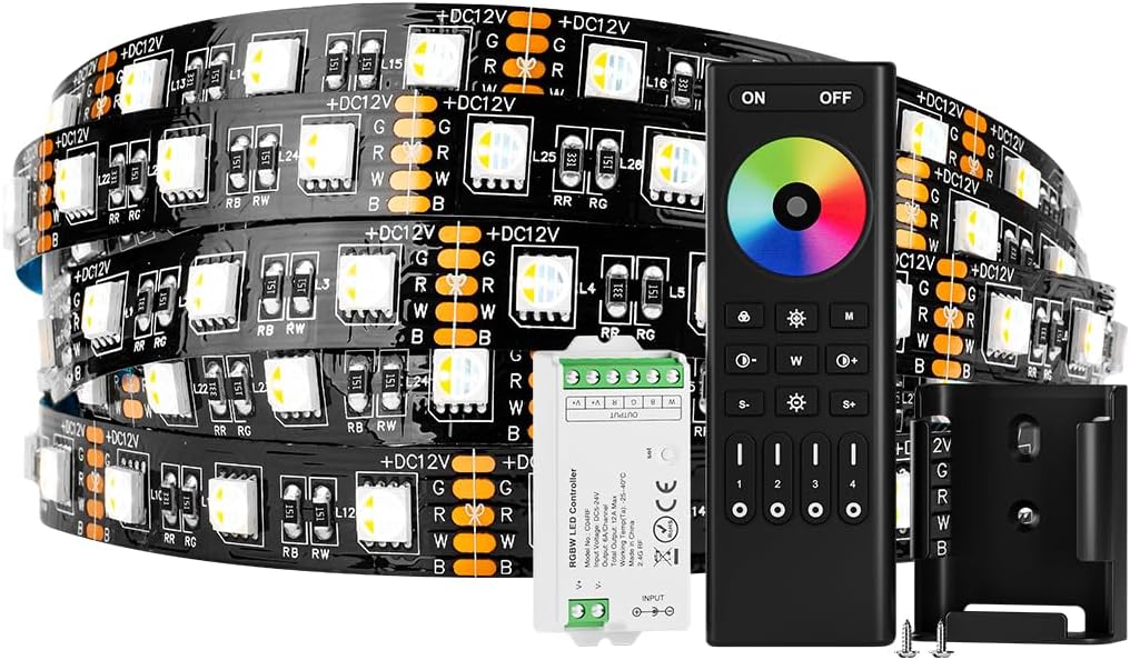 BTF-LIGHTING 5050 RGBW RGB+Cool White(6000K-7000K) 4 Colors in 1 LED DC12V 16.4ft 60LEDs/m Multi-Colored LED Tape Lights IP30 Black 12mm PCB, RGBW RF Remote RC03RFB & C04RF Controller Kit(NO Adapter)