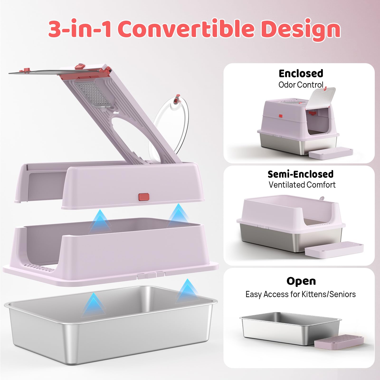 Stainless Steel Cat Litter Box with Lid, 180° Flip Top Kitty Litterbox, XL High Sided Enclosure Litter Pan for Big Cats, Front & Top Entry, Odor-Free, Includes Scoop Mat, Purple Pink - image 4