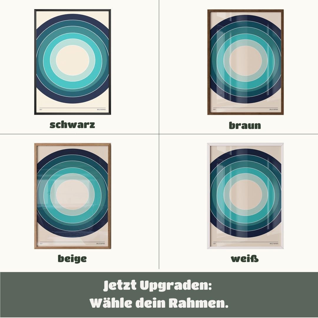 MJ-GRAPHICS® Poster Kreise Kunstdruck geometrisch Wandbild Blau Türkis Deko Wohnzimmer Entspannung Harmonisch Beruhigend Kunst druck Modernes Design Dekoration A2 mit schwarzem Rahmen