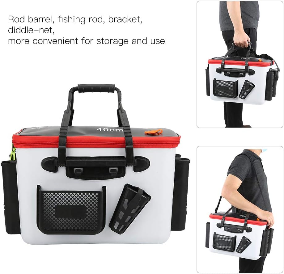 Fishing Bucket, Portable Foldable Live Fish Container with Oxygen Pump Side Pocket Large Storage Adjustable Straps for Fishing Gear Camping Hiking Car