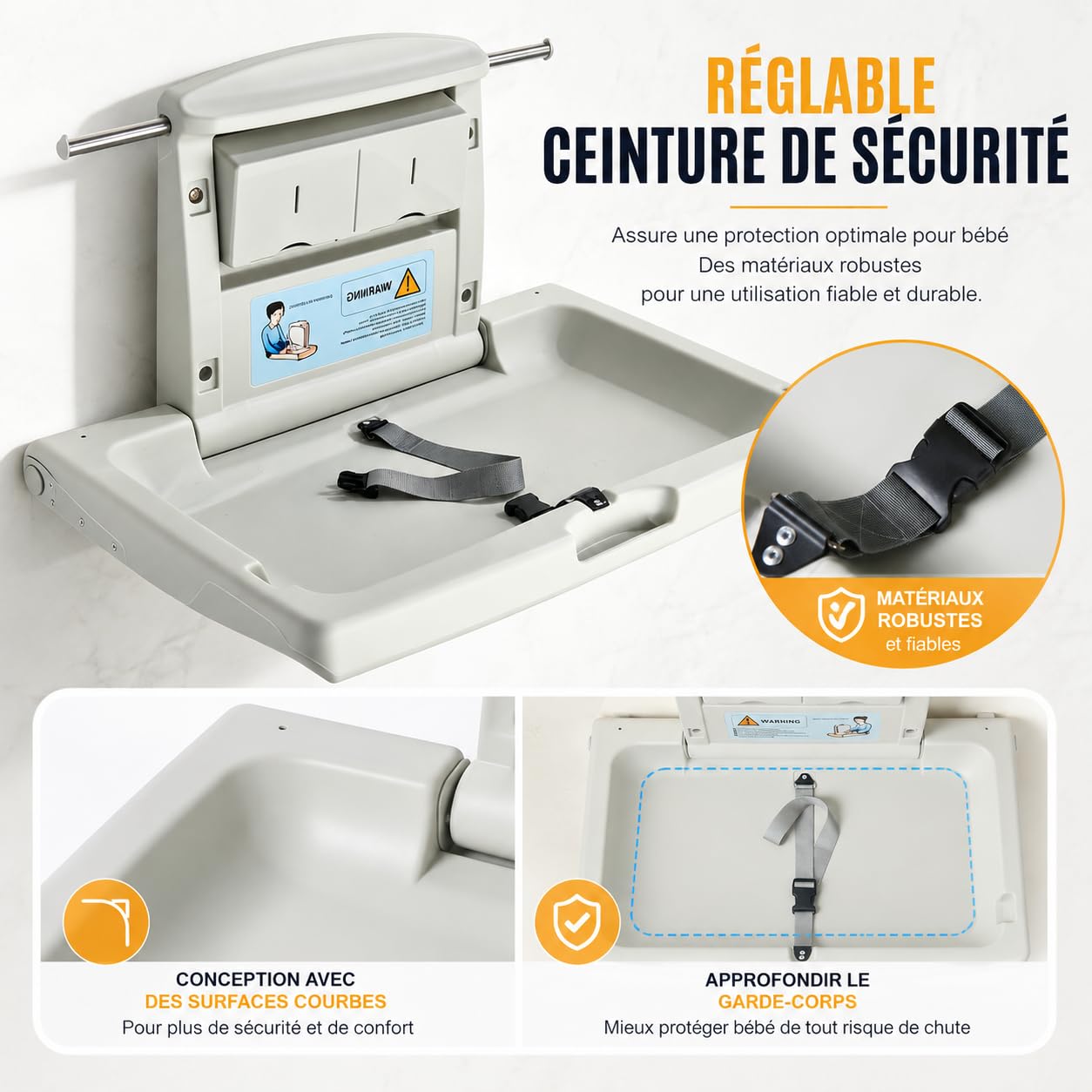 Station à langer murale commerciale, table à langer pliable pour salle de bain publique avec sangle de sécurité réglable, crochets double face et boîtes de rangement pliables