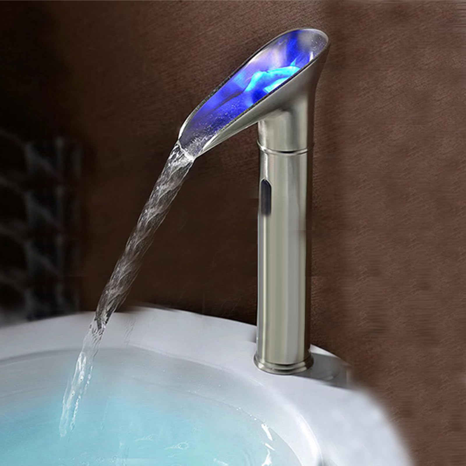 FQWNCIEG Basin Mixer Tap Bathroom Sink Taps Automatic Sensor Faucet Retro Waterfall for Basin Hot and Cold Water,Brushed,High Lavatory Sink Faucet