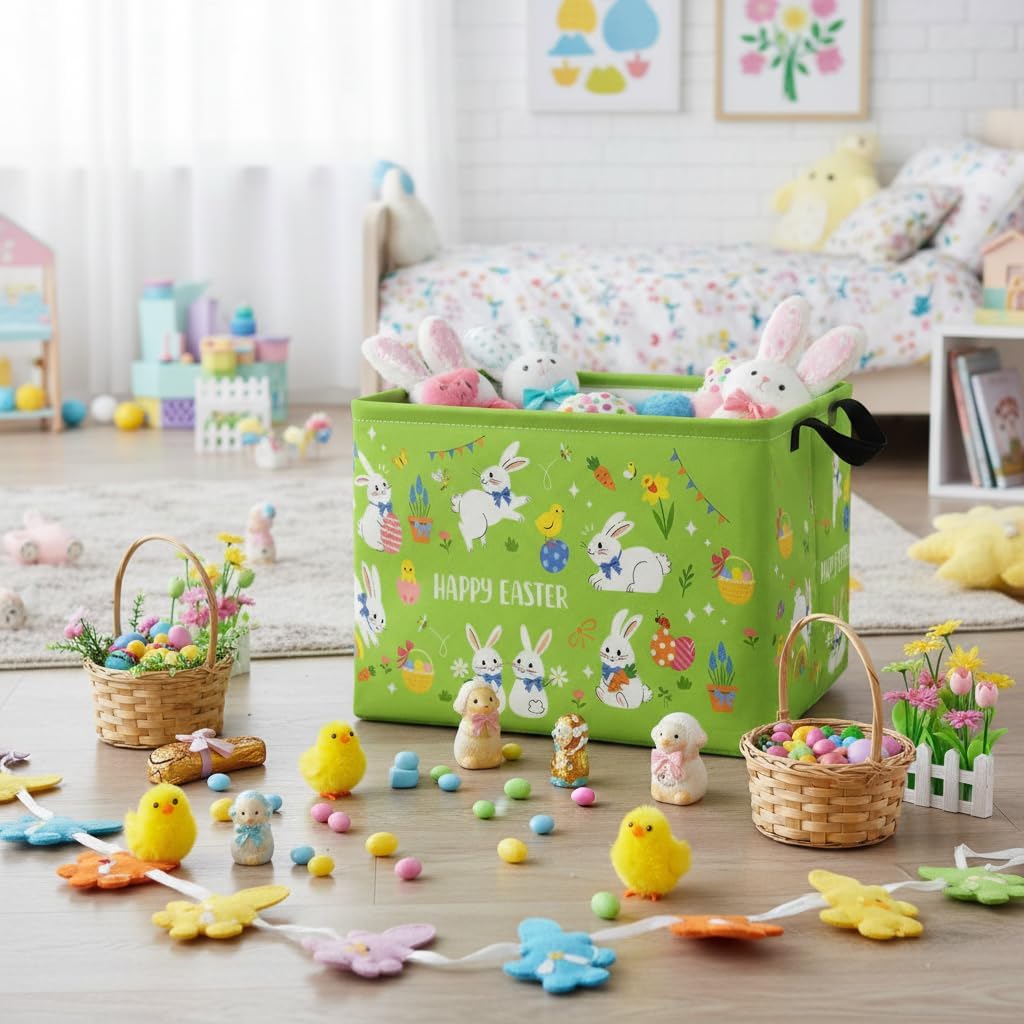 Rectangular Easter Basket Waterproof Storage Bin for Bedroom Collapsible Bin Books Box Basket Room Decor(Happy Easter) image 3