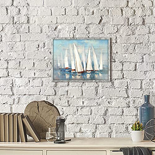 Seascape Framed Painting Wall Art: Abstract Ocean Artwork Coastal Picture Sailboat Prints on Wood in Modern Style for Home Decor 16"x12" - Image 5