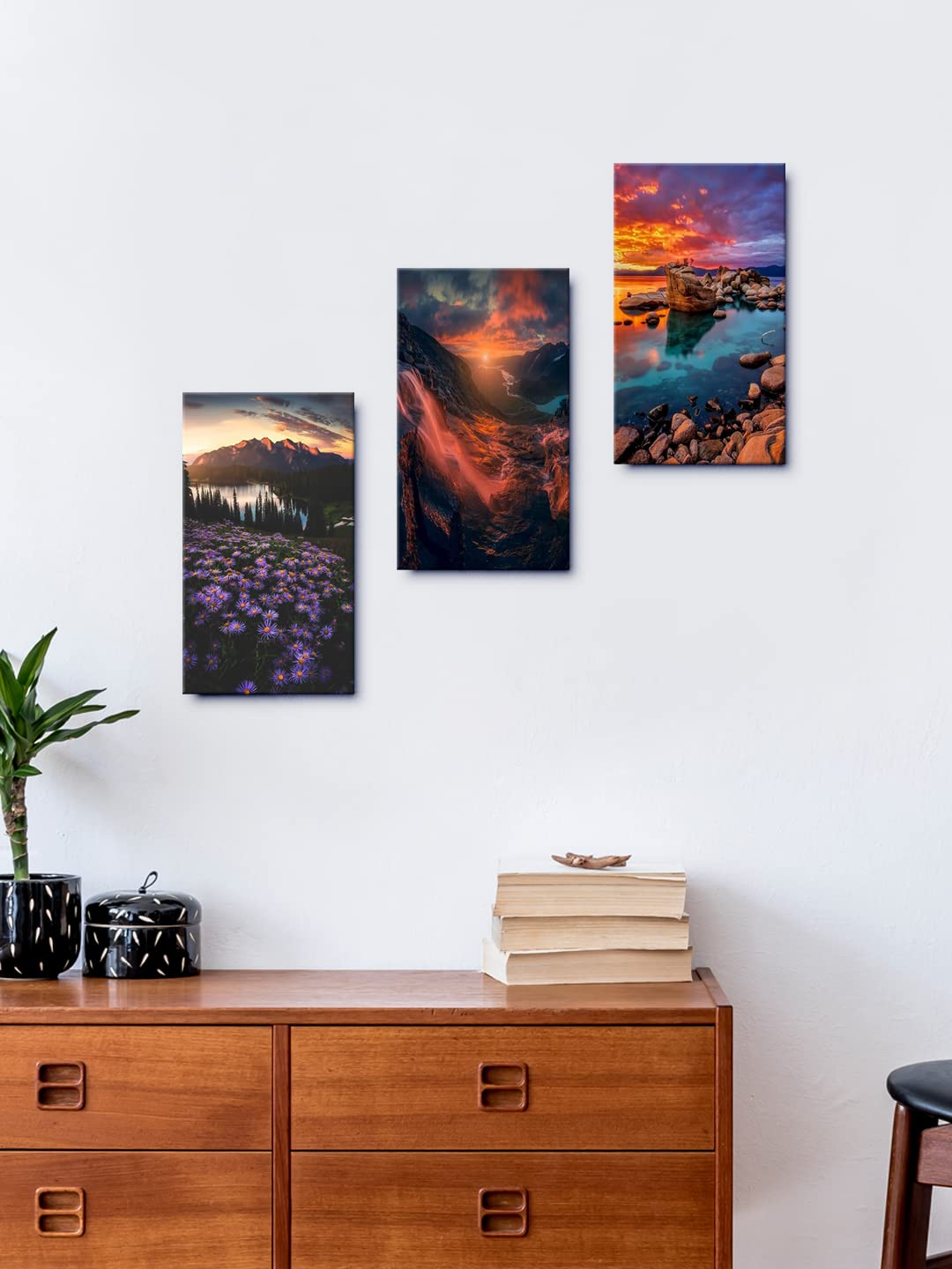 999STORE Mountain View At Sunset home room décor framed stylish modern wall frames living hanging decorative items (Set of 3 Panels Paper Print 24X15 Inches) MDF3Frames053