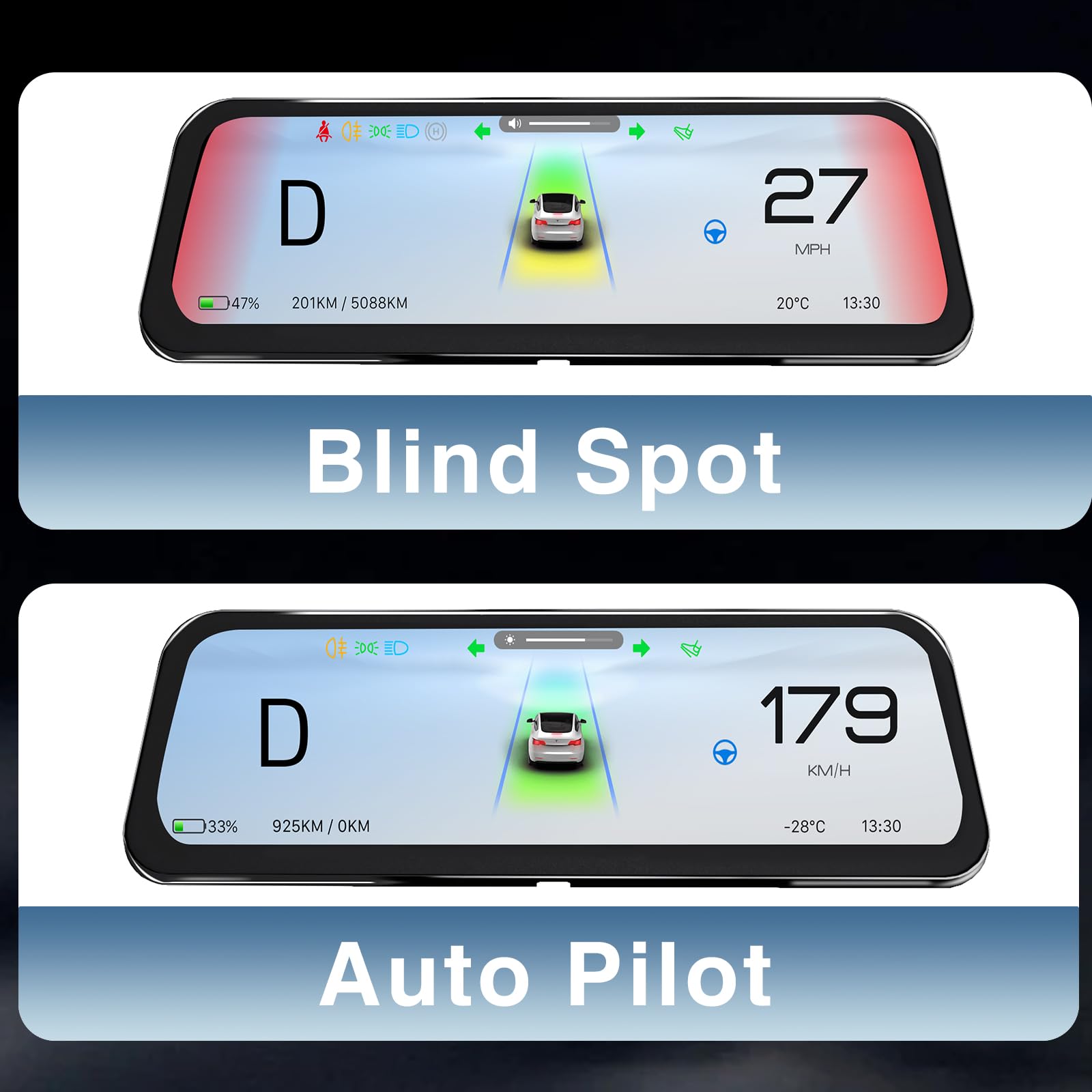 Affichage HUD Tesla pour Model Y (2019-2024) & Model 3 (2017-2023) – 9,66" sans Fil CarPlay/Android Auto, Alerte d'angle Mort, Écran Anti-Reflets