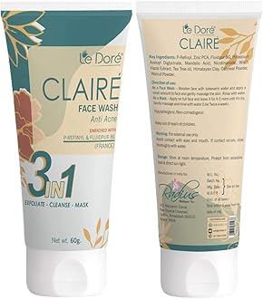 Le Dore Claire 3-in-1 Anti-Acne Clay Face Wash | With Zinc PCA, Witch Hazel, Tea Tree, Walnut Oatmeal & Himalayan Clay | Reduces Acne & Blemishes, Clears & Rejuvenates Skin | 60gm
