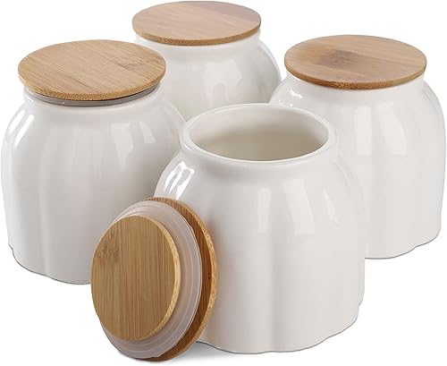 DEAYOU Paquete de 4 tarros de cerámica para almacenar alimentos, recipiente de cocina de porcelana de 9.5 onzas con tapa hermética de bambú,