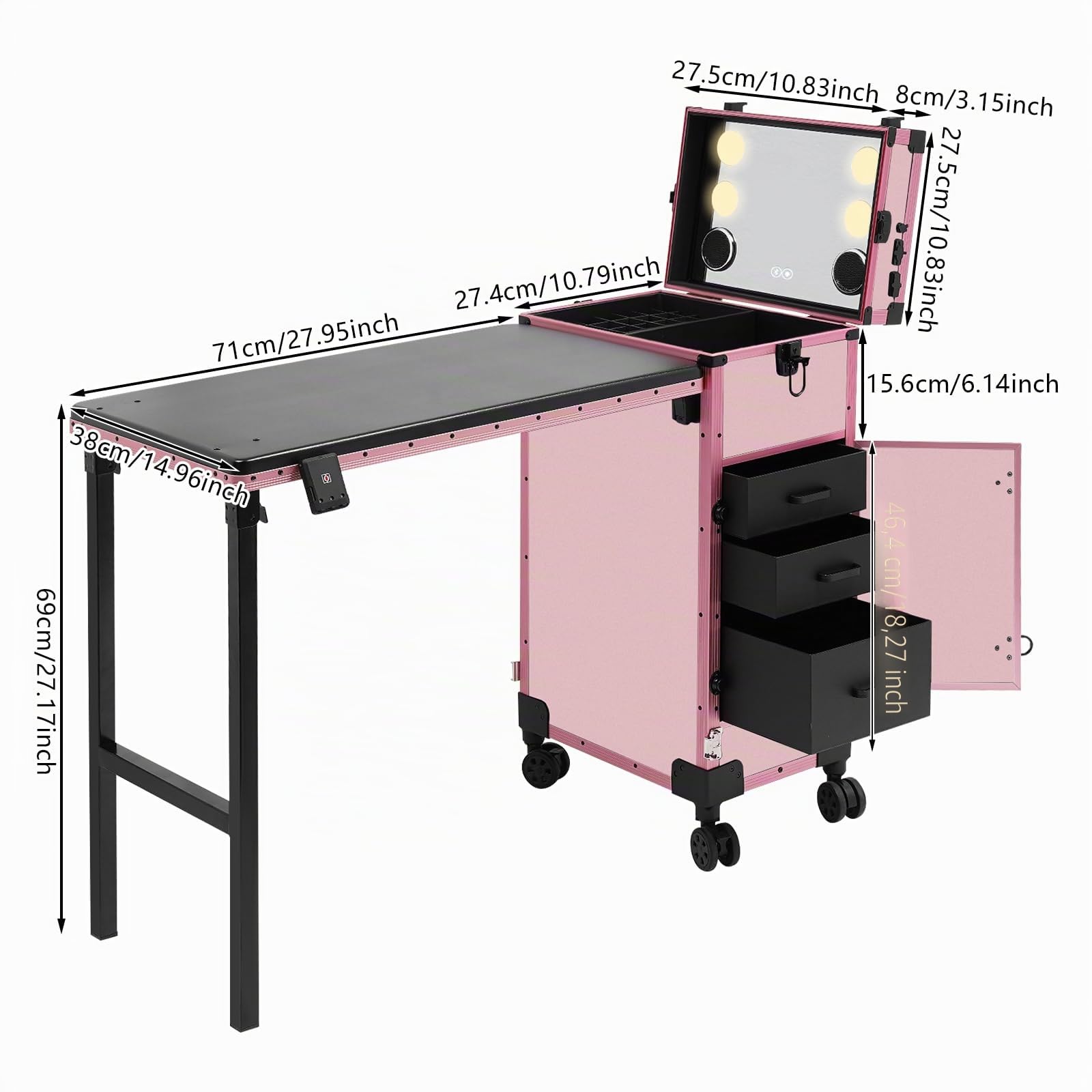 Beauty case professionale con specchio a LED e Bluetooth, 3 cassetti, portata 50 kg, richiudibile, per truccatori, estetisti e appassionati di trucco, Nero, rosa, Produktgröße (zusammengeklappt): 38.6