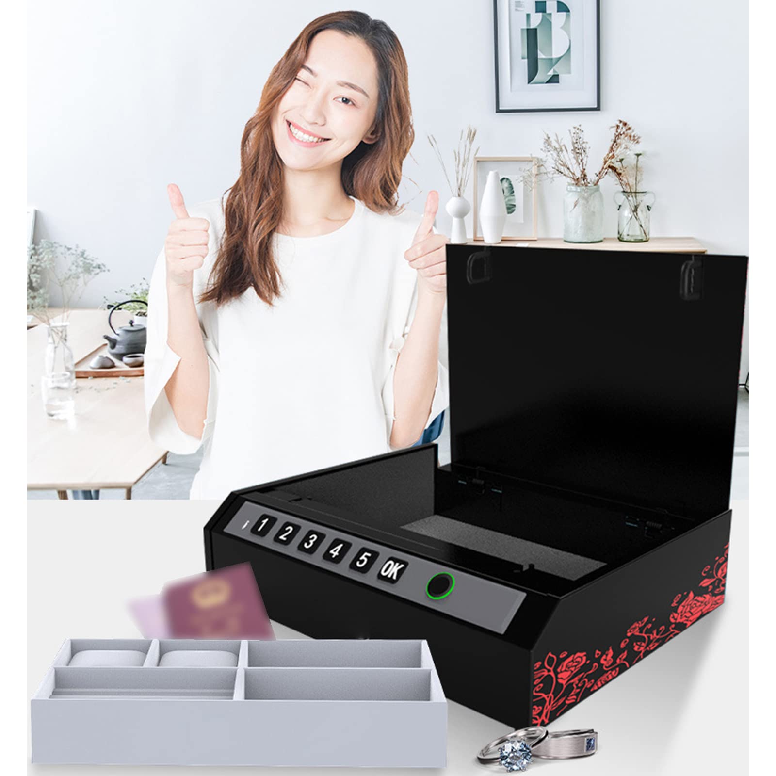 XBTGS Cassetta di sicurezza digitale per contanti con impronte digitali, portatile, per contanti e gioielli, in lega, resistente alle cadute, adatta per camera da letto, ufficio, viaggi,