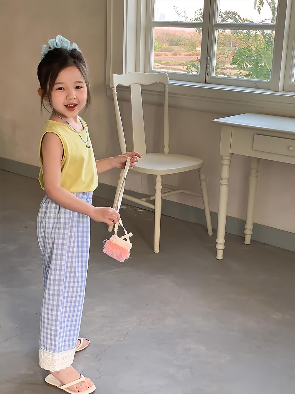 Toddler & Little Girls' Gingham Wid Leg Pants with Lace Trim - Image 4