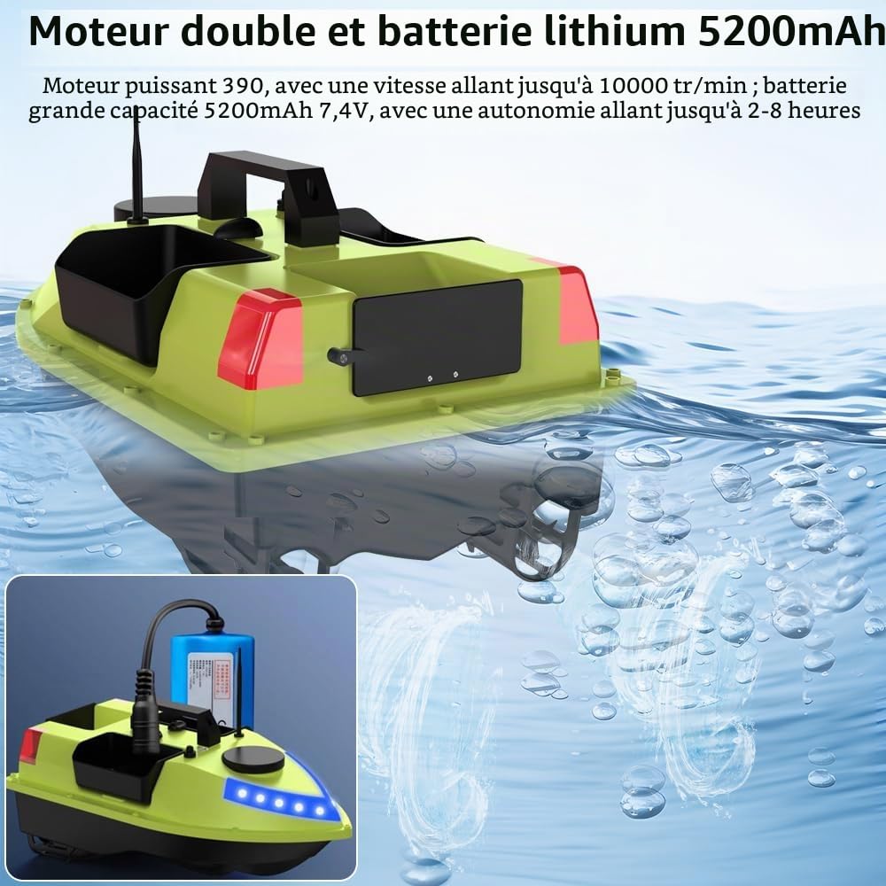 OBEST Bateau d'appât Télécommandé avec GPS, 600M RC Bateaus Nuit LED Pêche,3 Cabines 1.5 kg Chargement Bait Boat, Retour Intelligent, Faible Protection Batterie, Pêche Bateau à Double Moteur, 5200mAh